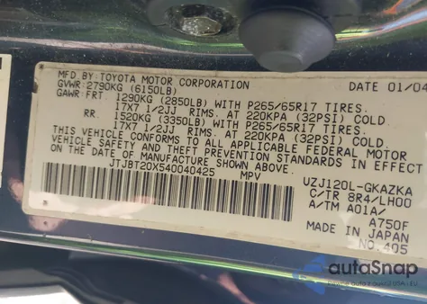 2004 Lexus Gx 470 from USA, damaged, VIN JTJBT20X540040425